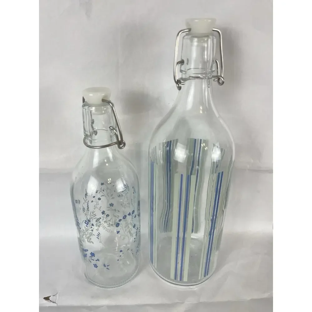 Set Of 2 Retired IKEA KORKEN Glass Bottles w/ Stopper Blue Green Floral Stripes